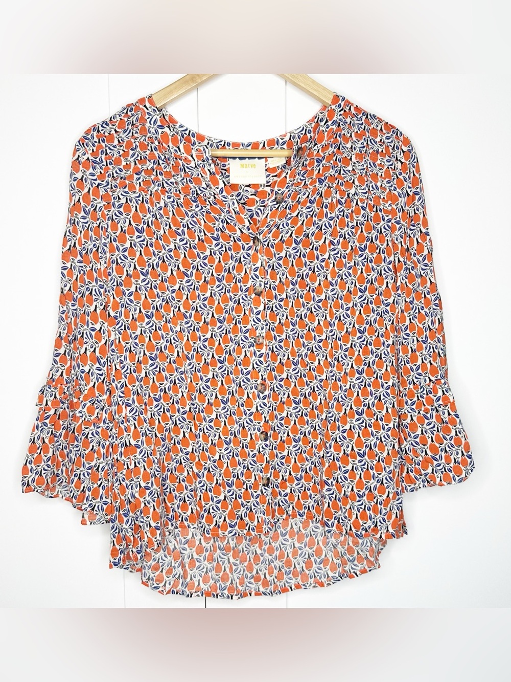 Anthropologie Maeve Berwick Bell Sleeve Maracas Print Blouse Medium Orange - Picture 5 of 14